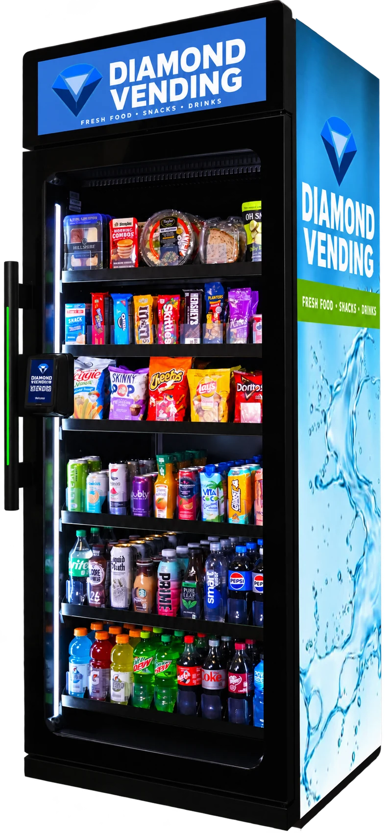 Cooler shown with Diamond Vending lettering, fresh food, snacks, and cold drinks; branding preview based on our actual machine