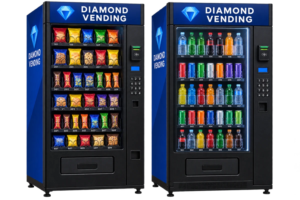 Illustration of standard snack and cold drink vending machines with Diamond Vending lettering